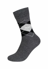 Calzini grigi lavorati a maglia con un motivo argyle in nero e grigio chiaro, con un logo al centro di una forma a diamante.