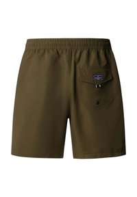 Shorts de bain verts olive avec taille élastique et une seule poche arrière avec rabat et étiquette de marque.