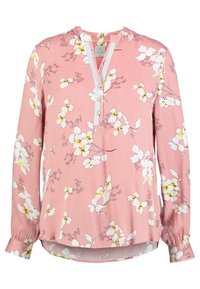 Rosa långärmad blus med ett vitt och gult blommönster, knapplist och mjukt tyg; har samlade manschetter och en böjd nederkant.