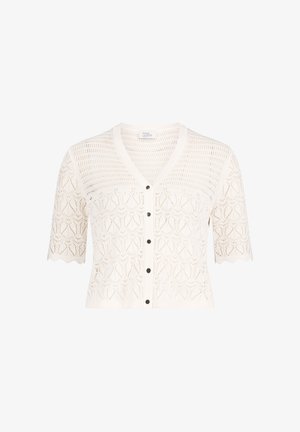 Cardigan bianco a maniche corte in maglia con bordi smerlati, motivo in pizzo floreale, scollatura a V e cinque bottoni neri sul davanti.