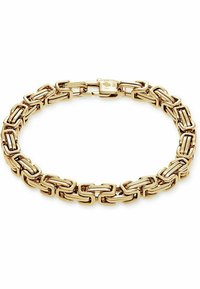 Bracciale in oro con maglie rettangolari intrecciate, finitura lucida e chiusura sicura. Accenti testurizzati per migliorare la visibilità.