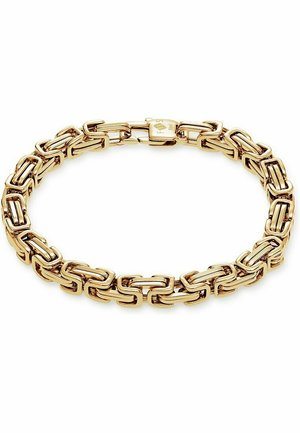 Goldene Kettenarmband mit ineinandergreifenden rechteckigen Gliedern in polierter Oberfläche und einem sicheren Verschluss. Strukturelle Akzente verbessern die Sichtbarkeit.