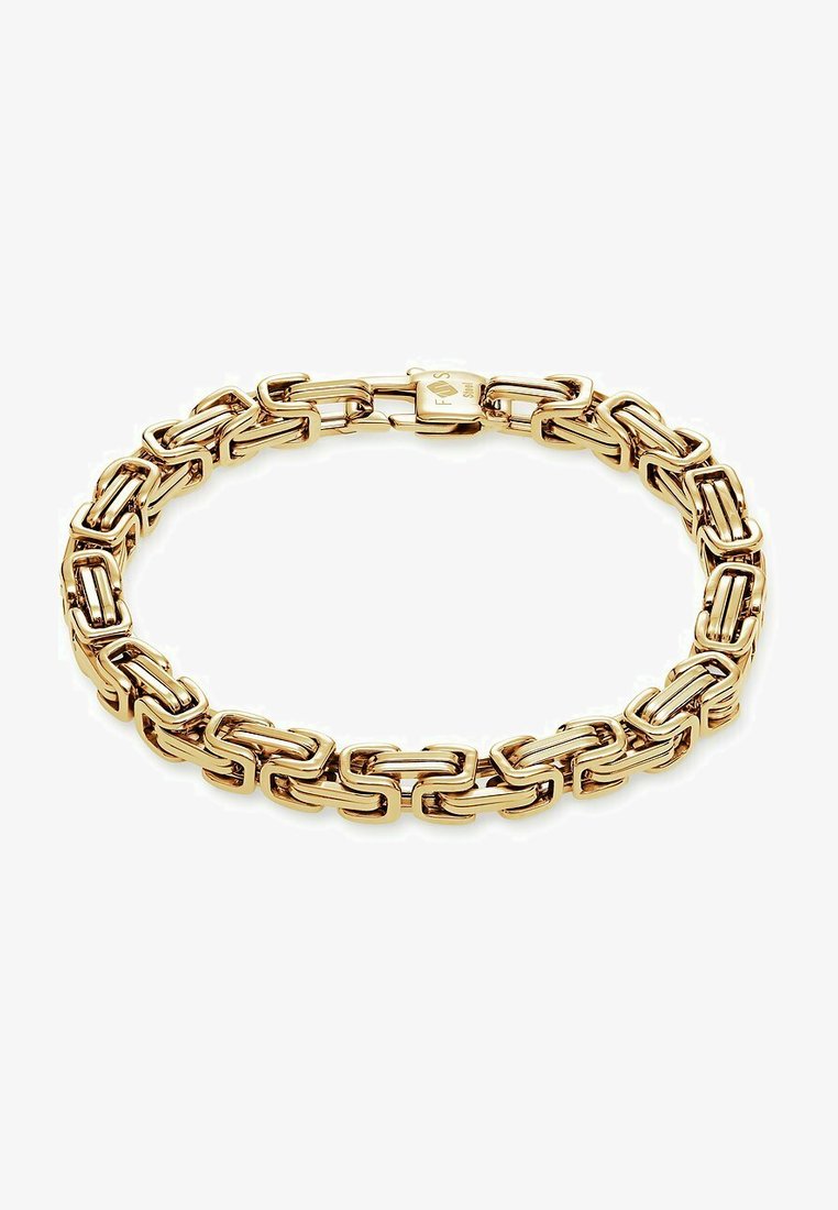 Bracciale in oro con maglie rettangolari intrecciate, finitura lucida e chiusura sicura. Accenti testurizzati per migliorare la visibilità.