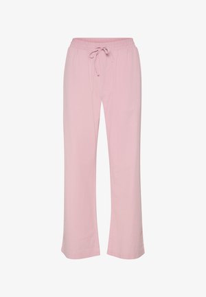 Pantalones de corte relajado de color rosa claro, con cintura ajustable y piernas rectas, de textura suave, adecuados para un uso casual.