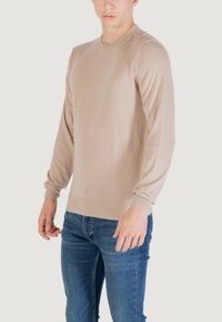 Maglione beige a maglia con maniche lunghe, scollatura rotonda, polsini e orlo a coste, abbinato a jeans in denim blu. Branding minimale sul petto.