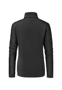 Schwarzes Langarmshirt mit hohem Kragen, aus einem strukturierten Stoff gefertigt. Mit Raglanärmeln und geradem Saum.