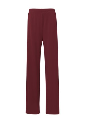 Pantaloni leggeri color bordeaux con un design a gamba dritta e una vita elastica. Texture liscia, senza motivi visibili o dettagli hardware.