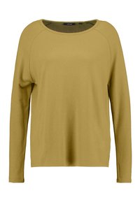 Long-sleeve top in mustard yellow, made of soft material. Features a round neck and raglan sleeves, with a loose fit and minimal detail.