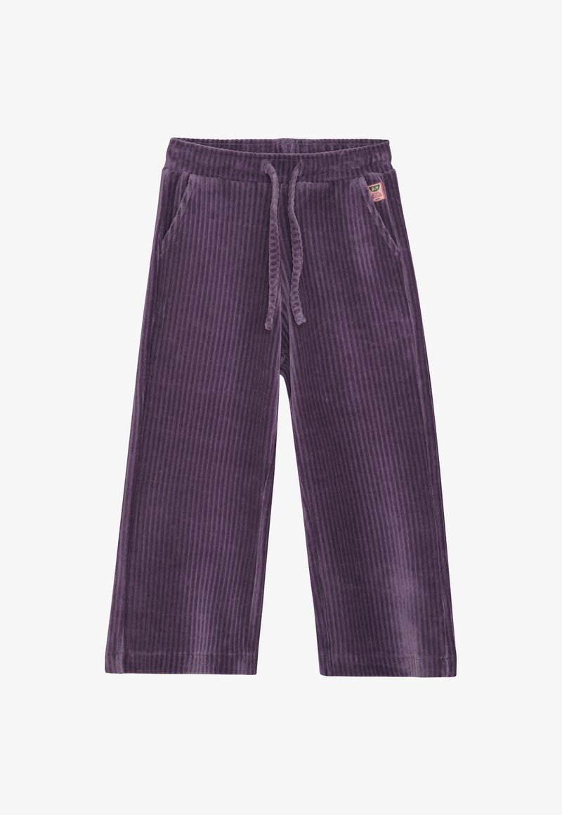Pantaloni a gamba larga in corduroy viola con vita elastica, cordoncino, tasche inclinate e un piccolo patch decorativo sulla tasca anteriore destra.