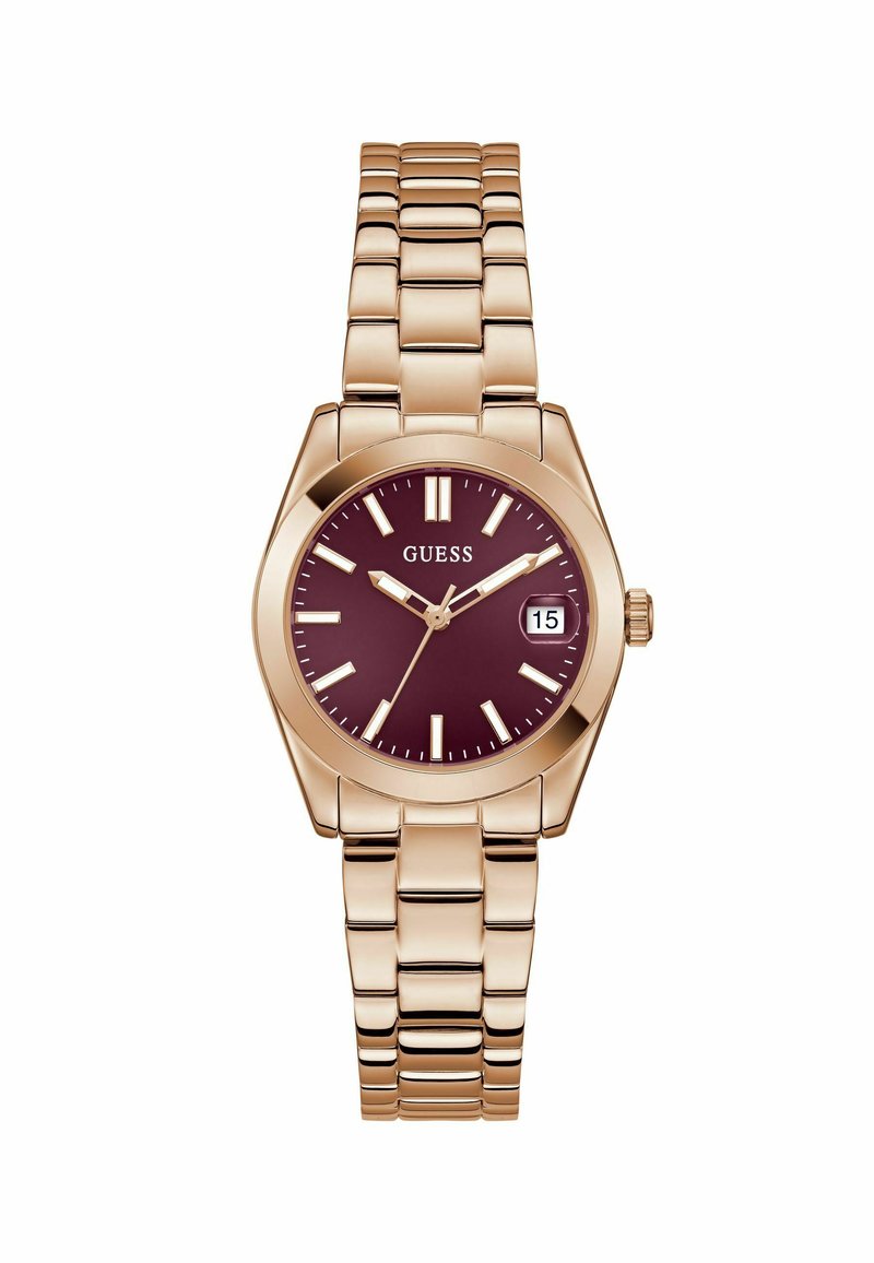 Reloj metálico con una correa y caja de oro rosa, que cuenta con una esfera de color burdeos oscuro, marcadores de hora blancos y una ventana de fecha a las tres.