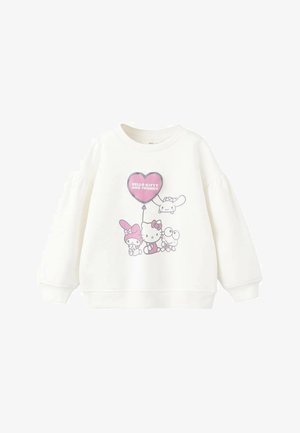 Hvid sweatshirt med et farverigt motiv af Hello Kitty og hendes venner, med en pink hjerteformet ballon og puffede ærmer.