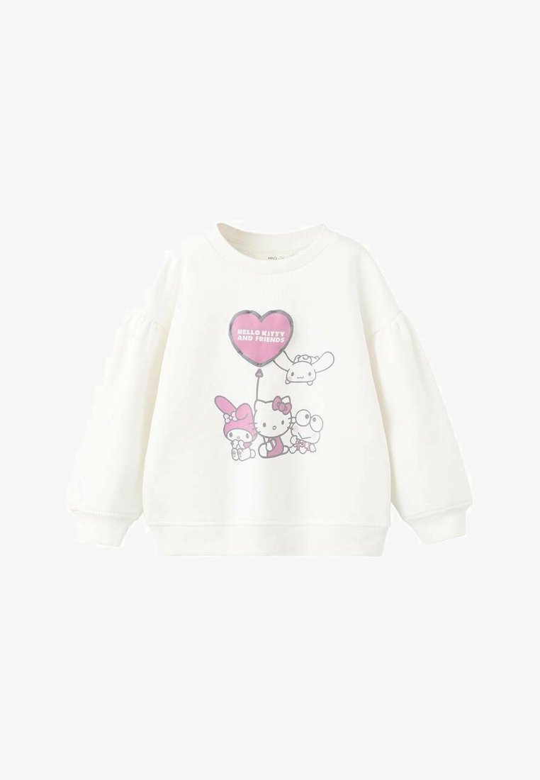 Sweat-shirt blanc avec un graphisme coloré de Hello Kitty et ses amis, accompagné d'un ballon en forme de cœur rose et de manches bouffantes.