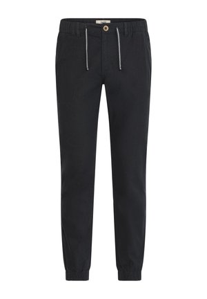 Pantalons noirs avec une taille élastique, fermeture à cordon de serrage et jambes fuselées. Fabriqués dans un tissu léger, avec un détail de bouton unique.