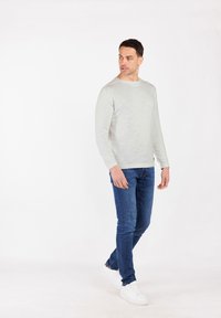 Maglietta grigia chiara a maniche lunghe, girocollo, indossata con jeans denim blu e sneakers bianche. La maglietta ha una texture sottile e una vestibilità regolare.