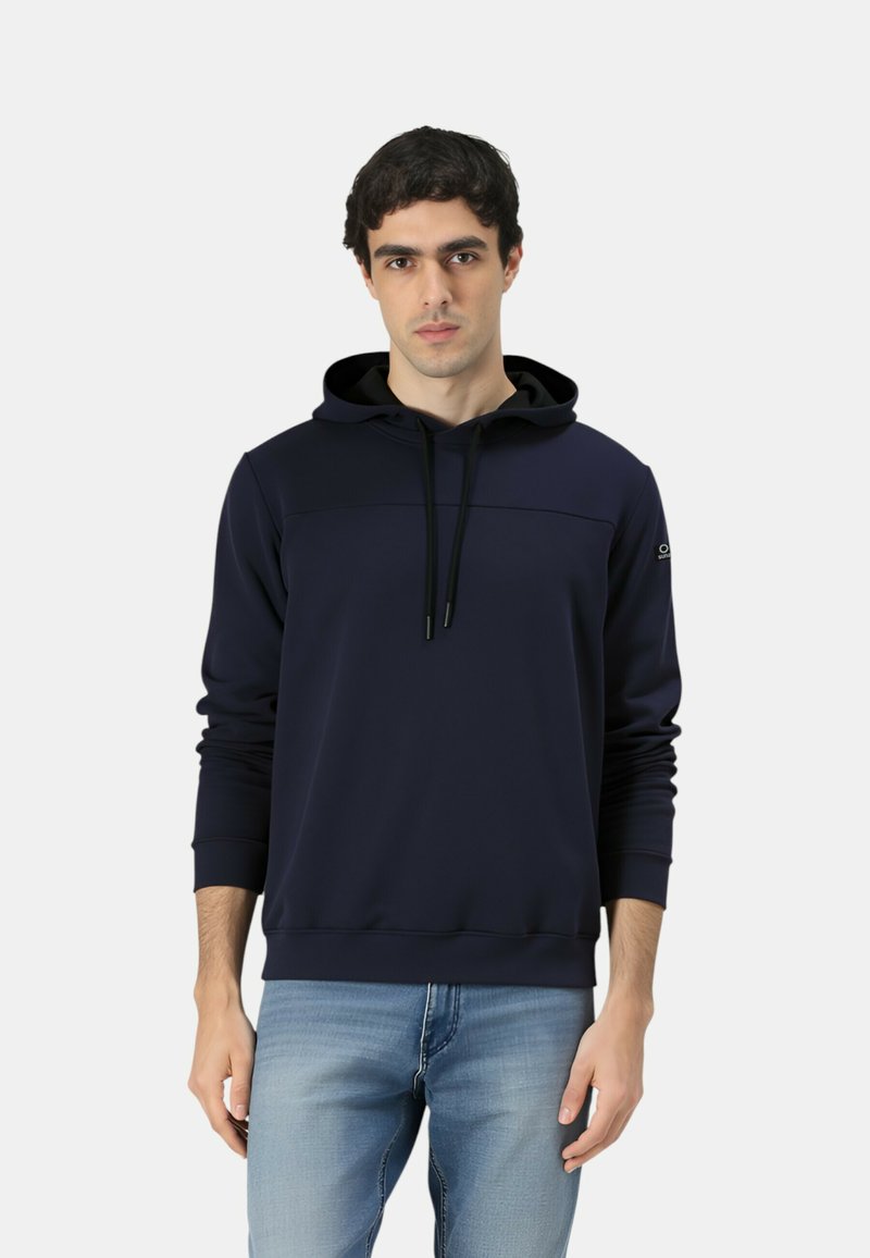 Felpa con cappuccio blu navy dotata di coulisse, realizzata in materiale liscio ed elastico. Presenta un design color-block con maniche lunghe e tasca frontale.