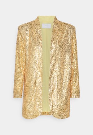 Gold sequin blazer with an open front, shawl collar, and three-quarter sleeves. Interior lining in light green, smooth texture, and shiny finish.