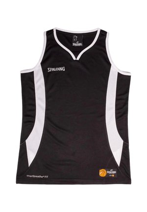 Schwarz-weißes, ärmelloses Spalding-Basketballtrikot mit weißen Seitenteilen und Logos auf der Brust und am unteren Saum.