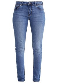 Úzké džíny v světle modré džínovině, s hladkým povrchem, jemným vyblednutím a klasickým pětipocket designem s předním zapínáním na knoflík.