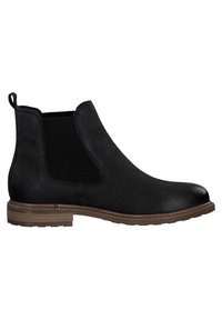 Bottines Chelsea en cuir noir avec des panneaux élastiques sur les côtés, semelles plates et un talon texturé. Fini lisse avec une languette pour un enfilage facile.