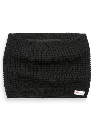 Tour de cou en tricot côtelé noir avec une étiquette d'isolation 3M Thinsulate sur le bord inférieur.