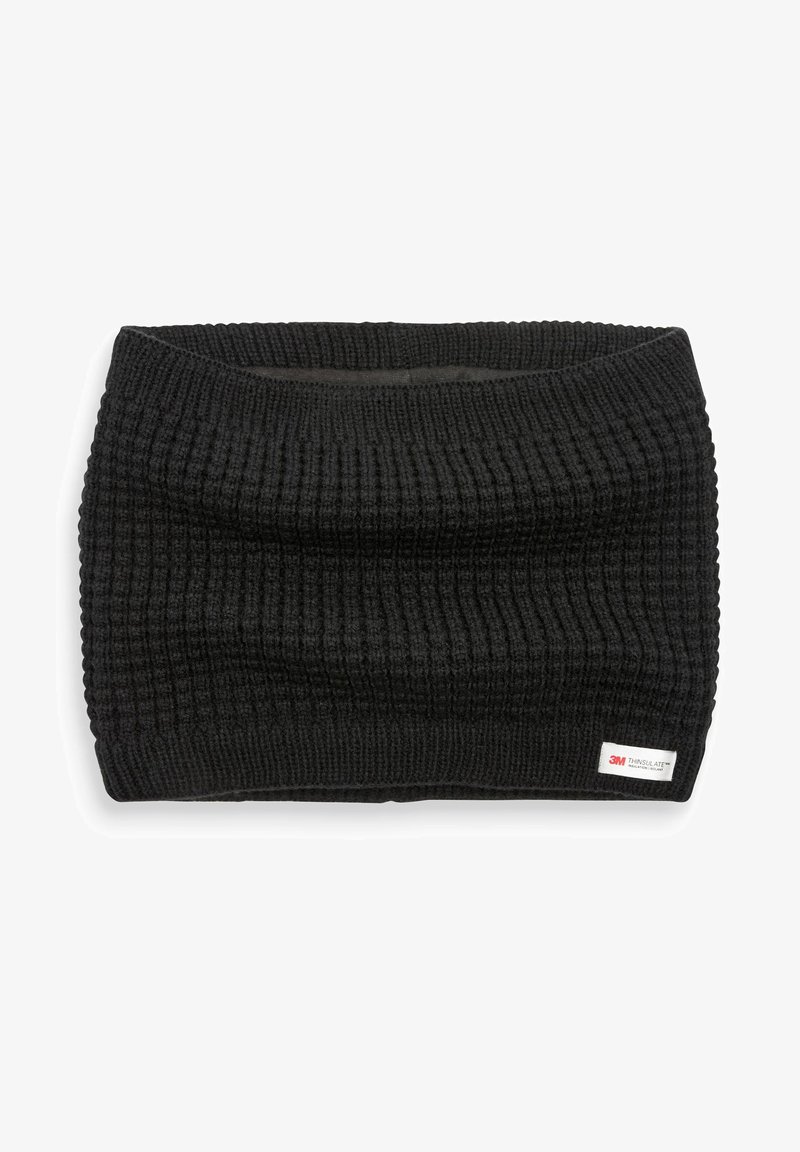 Czarna prążkowana dzianinowa osłona na szyję z etykietą izolacji 3M Thinsulate na dolnej krawędzi.