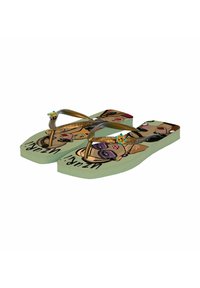 Flip-flops met een mintgroene foamzool met een cartoonontwerp van gezichten, gouden banden met decoratieve accenten en een textuurpatroon.