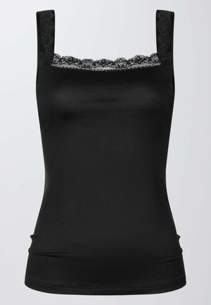 Black tank top with lace trim at the neckline, made from a soft, stretchy material. Features wide straps and a fitted silhouette.