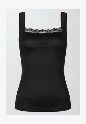 Black tank top with lace trim at the neckline, made from a soft, stretchy material. Features wide straps and a fitted silhouette.