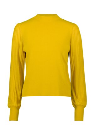 Yellow knitted pullover with a ribbed round neck and pleated long sleeves. Fitted body and textured sleeve detail.