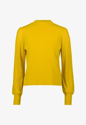 Gelber gestrickter Pullover mit einem gerippten Rundhalsausschnitt und plissierten langen Ärmeln. Enganliegende Passform und strukturierte Ärmeldetails.