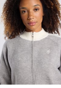 Veste grise en maille avec un col côtelé haut crème, fermeture éclair complète, logo brodé discret sur la poitrine et tissu en maille texturé.