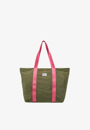Sac fourre-tout en velours côtelé vert olive avec des anses rose vif et un petit patch logo blanc "ROXY" sur le devant.
