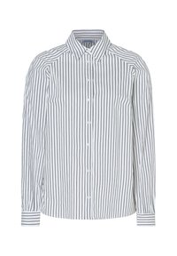 Weißes Hemd mit dünnen schwarzen senkrechten Streifen. Verfügt über einen klassischen Kragen, Frontknöpfe und langärmelige Manschetten. Glatte Stofftextur.