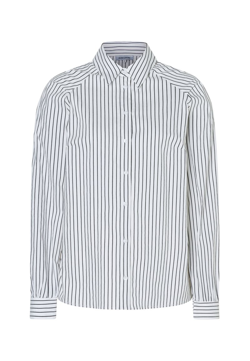 Weißes Hemd mit dünnen schwarzen senkrechten Streifen. Verfügt über einen klassischen Kragen, Frontknöpfe und langärmelige Manschetten. Glatte Stofftextur.