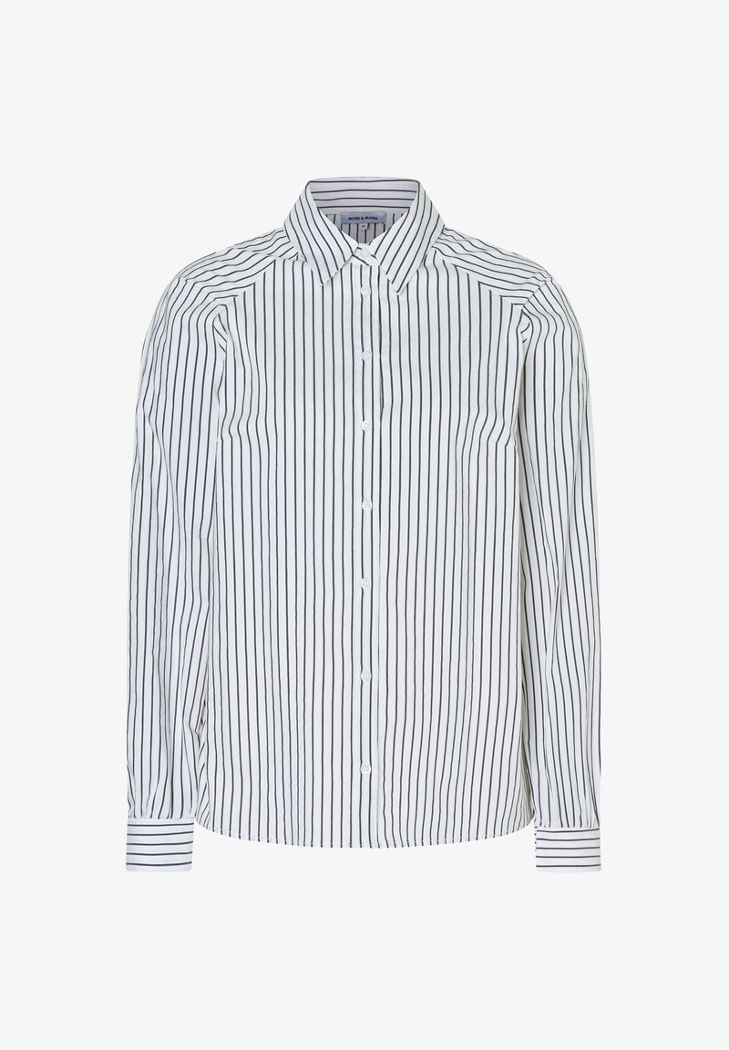 Weißes Hemd mit dünnen schwarzen senkrechten Streifen. Verfügt über einen klassischen Kragen, Frontknöpfe und langärmelige Manschetten. Glatte Stofftextur.