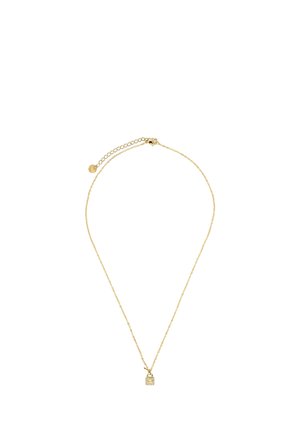 Zarte Goldkette mit kleinem Anhänger in Form eines Vorhängeschlosses, der in der Mitte einen klaren Edelstein und einen verstellbaren Verschluss besitzt.