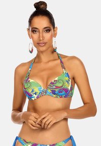 Top bikini z kolorowym kwiatowym wzorem paisley w odcieniach zieleni, niebieskiego i fioletowego. Posiada wiązania na szyi oraz poduszeczki dla lepszego wsparcia.