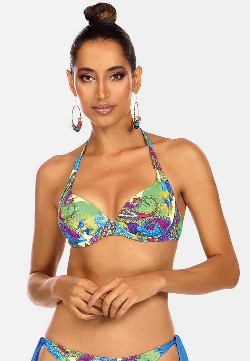 Top bikini z kolorowym kwiatowym wzorem paisley w odcieniach zieleni, niebieskiego i fioletowego. Posiada wiązania na szyi oraz poduszeczki dla lepszego wsparcia.