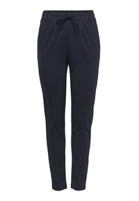 Navy Jogginghosen aus weichem Stoff, mit einem Kordelzugbund, schmal zulaufenden Beinen und ohne sichtbare Taschen. Glatte Textur und minimalistisches Design.
