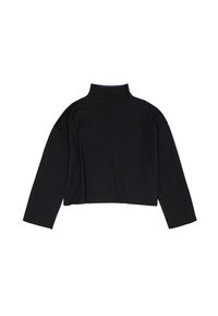 Zwarte mockneck langgevende top gemaakt van zachte, rekbare stof. Heeft een cropped ontwerp met verlaagde schouders en minimale naden.