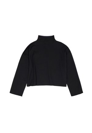 Juoda ilgomis rankovėmis palaidinė su aukšta apykakle, pagaminta iš minkštos, elastingos medžiagos. Palaidinė turi trumpą dizainą, nusileidusius pečius ir minimaliai siūlų.