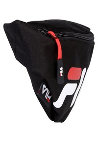 Sac triangulaire noir avec une tirette de fermeture éclair rouge, arborant un logo blanc et des accents. Fabriqué en tissu durable avec une finition texturée.