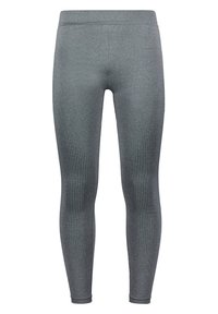 Kompressionsleggings aus dunkelgrauem Stoff mit einem strukturierten Design und kleinen Perforationen entlang der Beine sowie einem hohen Taillenbund.