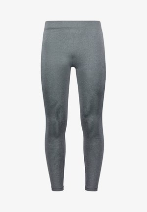 Leggings de compresie dintr-un material gri închis, având un design texturat cu perforații mici pe picioare și un talie înaltă.