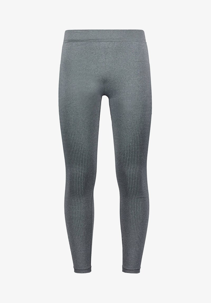Compression leggings in dark gray fabric featuring a textured design with small perforations along the legs and a high waistband.