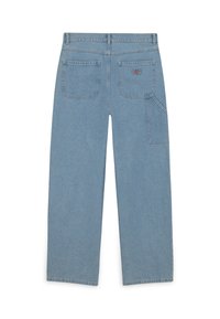 Světle modré džíny z denimu s rovnými nohavicemi, dvěma zadními kapsami a další boční kapsou. Klasick é švy po celém obvodu.