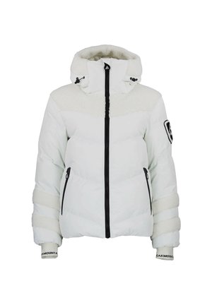 Doudoune blanche avec capuche, présentant une partie supérieure en polaire douce, une fermeture éclair noire et des poignets côtelés avec un logo de marque.