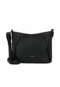Schwarze Lederhandtasche mit strukturiertem Finish, ausgestattet mit einem einzelnen verstellbaren Tragegurt und kontrastierenden Nähten entlang der Nähte. Logo auf der Vorderseite.
