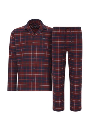 Karierte Schlafanzug-Set in Burgunderrot, Marineblau und Weiß. Enthält ein langärmliges Hemd mit Knopfleiste und Jogginghose mit Kordelzug, gefertigt aus weichem Stoff.
