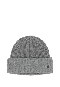 Gray knitted beanie with a rolled cuff and a small black round logo on the lower right side of the cuff.